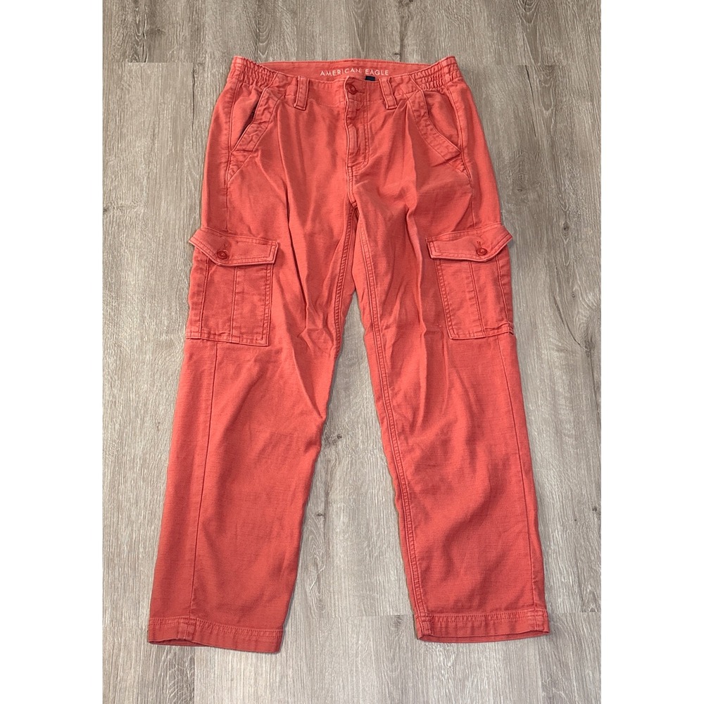 American Eagle Women Coral Pink Stretch Cargo Pants Size 6 Short Straight Leg